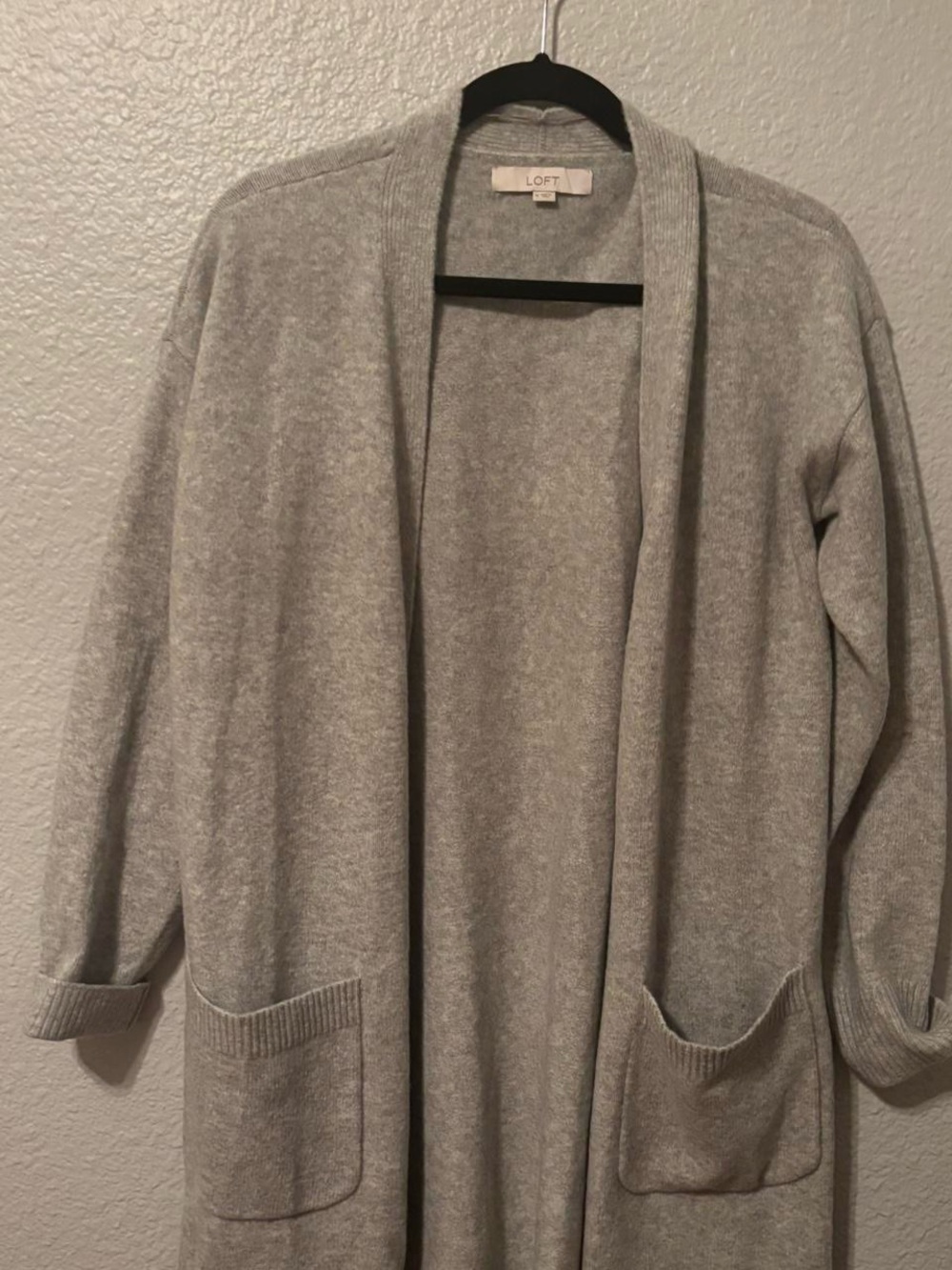 LOFT Light Gray Open-Front Long Cardigan with Pockets